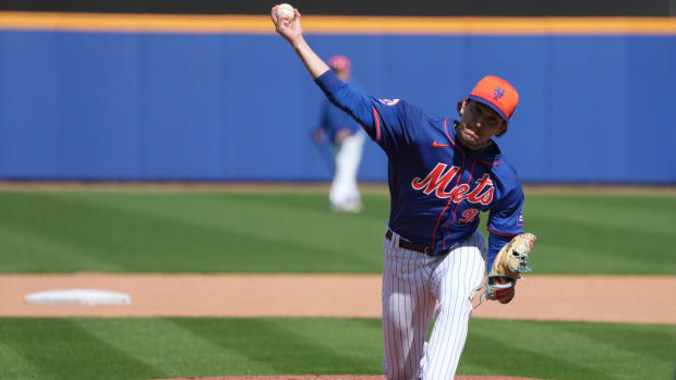 Feb 14, 2024; Port St. Lucie, FL, USA; New York Mets pitcher Dominic Hamel (93) throws batting practice during workouts at spring training.